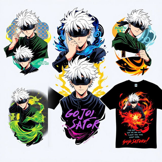 A series of vibrant t-shirt designs featuring Gojo Satoru from the anime Jujutsu Kaisen