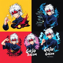 A series of vibrant t-shirt designs featuring Gojo Satoru from the anime Jujutsu Kaisen