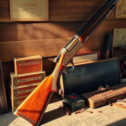 A classic fusil (rifle) displayed artistically, featuring intricate woodwork and ornate detailing