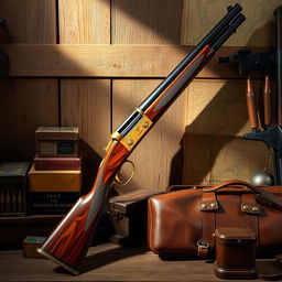 A classic fusil (rifle) displayed artistically, featuring intricate woodwork and ornate detailing