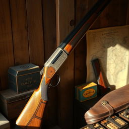 A classic fusil (rifle) displayed artistically, featuring intricate woodwork and ornate detailing