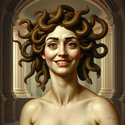 A reinterpretation of the famous Renaissance painting of Medusa, featuring a striking, humorous face instead of the typical menacing expression