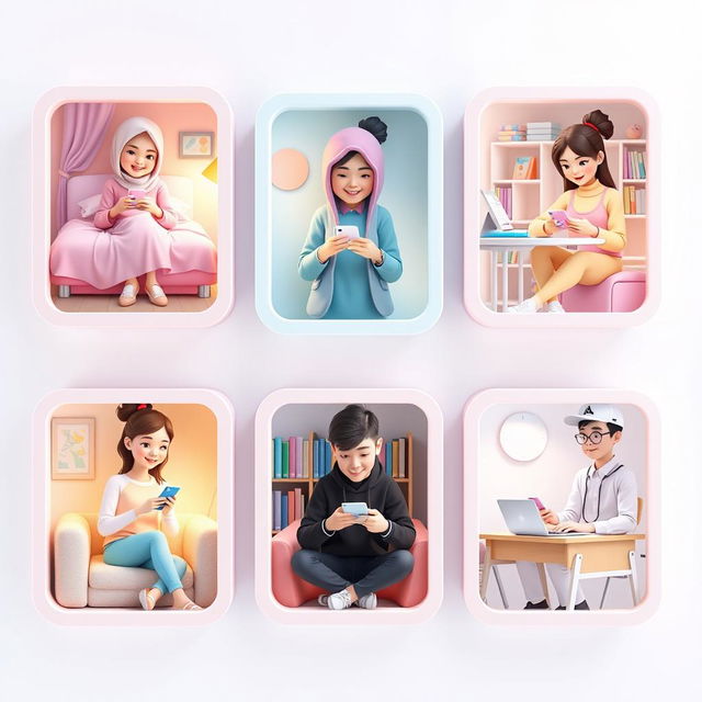 A vibrant 3D-style scene showcasing five students each in unique settings, all connected by texting on their phones