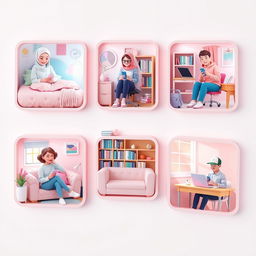 A vibrant 3D-style scene showcasing five students each in unique settings, all connected by texting on their phones