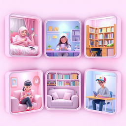 A vibrant 3D-style scene showcasing five students each in unique settings, all connected by texting on their phones