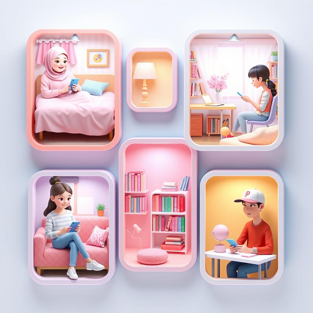 A vibrant 3D-style scene showcasing five students each in unique settings, all connected by texting on their phones