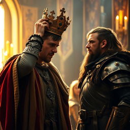 A majestic scene depicting Malcolm, a regal figure with a noble demeanor, placing a beautifully ornate crown on his head, symbolizing his ascension to the throne