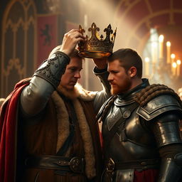 A majestic scene depicting Malcolm, a regal figure with a noble demeanor, placing a beautifully ornate crown on his head, symbolizing his ascension to the throne