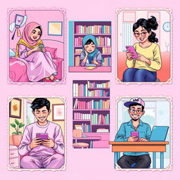 A vibrant pop art scene depicting five spirited students, each in unique locations and communicating through their phones, all harmonized with a pastel color theme