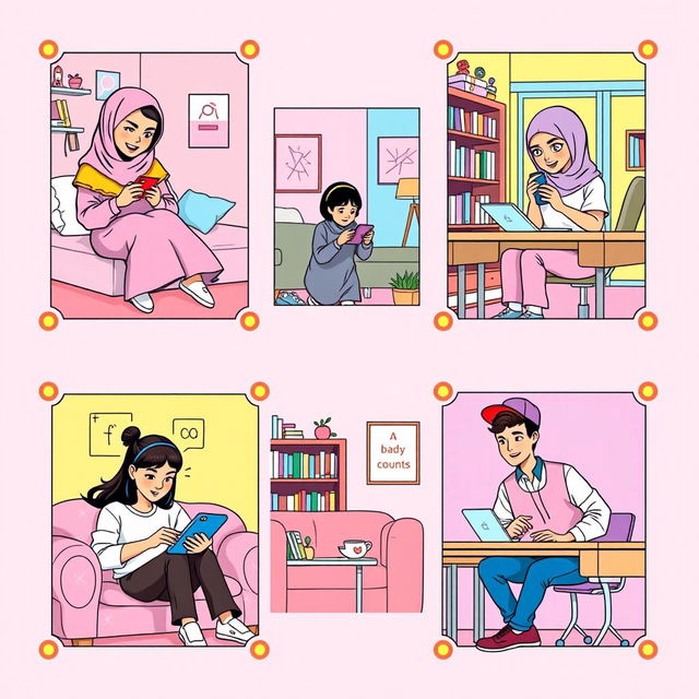 A vibrant pop art scene depicting five spirited students, each in unique locations and communicating through their phones, all harmonized with a pastel color theme