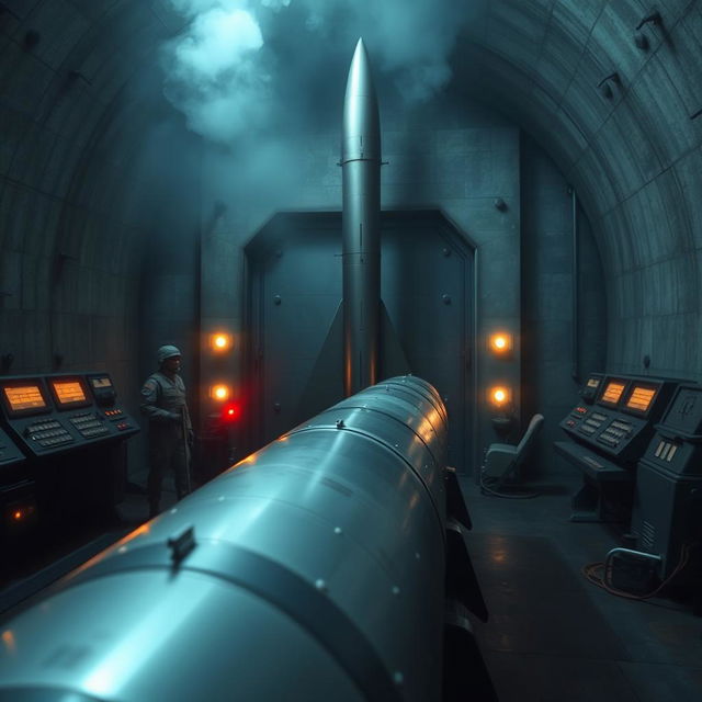 A dramatic scene depicting a military nuclear missile within a fortified silo