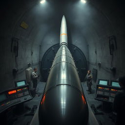 A dramatic scene depicting a military nuclear missile within a fortified silo