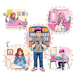 A vibrant pop art scene depicting five spirited students, each in unique locations and communicating through their phones, all harmonized with a pastel color theme