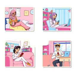 A vibrant pop art scene depicting five spirited students, each in unique locations and communicating through their phones, all harmonized with a pastel color theme