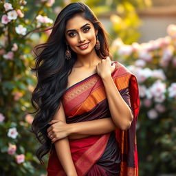 A beautiful, hot and sexy South Asian woman with long, flowing hair, wearing a traditional yet stylish saree that accentuates her curves