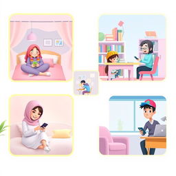 A whimsical scene in a Pixar style depicting five students, each in their unique environments, all actively texting on their phones