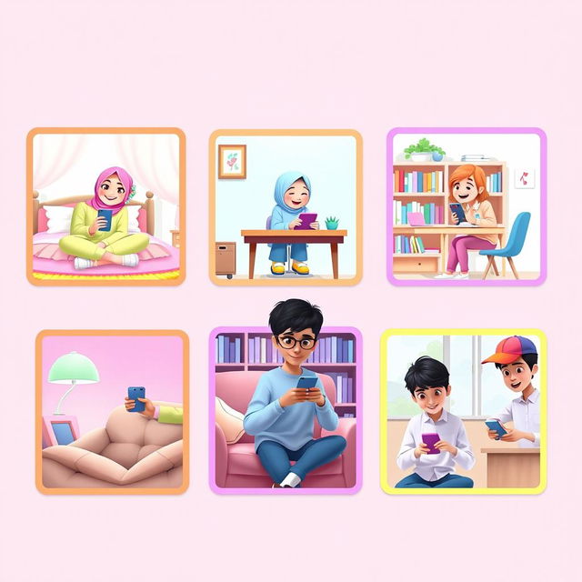 A whimsical scene in a Pixar style depicting five students, each in their unique environments, all actively texting on their phones