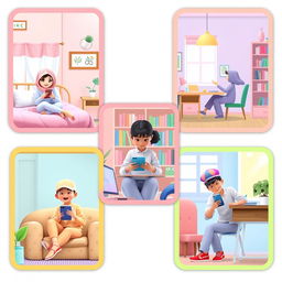 A whimsical scene in a Pixar style depicting five students, each in their unique environments, all actively texting on their phones