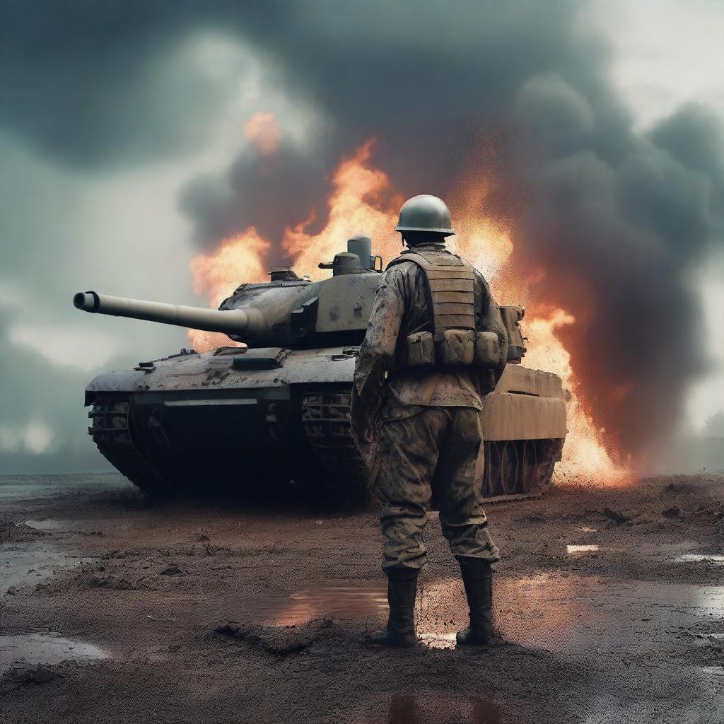 Generate a hyperrealistic, 4K HD image of a soldier standing defiantly in front of a tank, his uniform smeared with mud and dirt, against a backdrop of fire and rain, capturing the intense realities of war