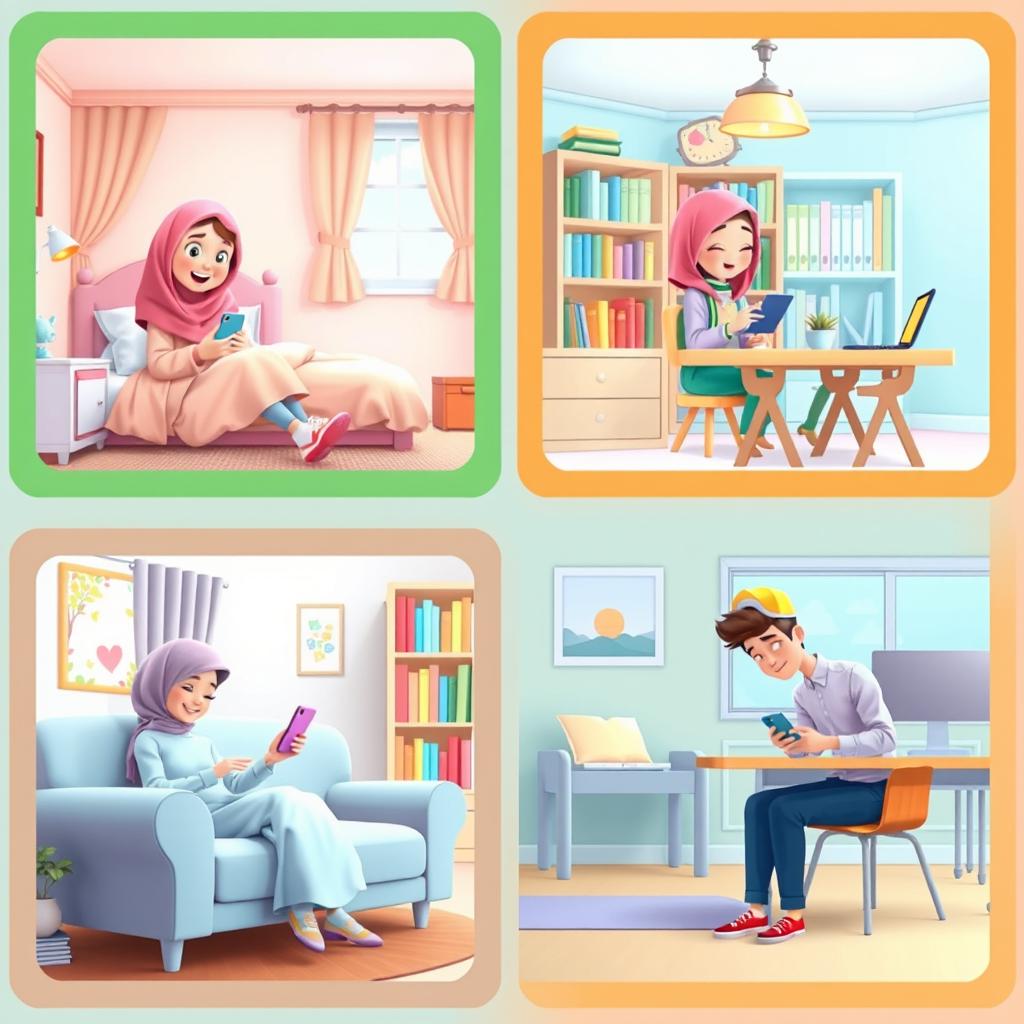 A whimsical scene in a Pixar style depicting five students, each in their unique environments, all actively texting on their phones