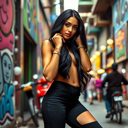 A sexy South Asian woman exuding confidence, wearing stylish and fitted hot pants that highlight her curves