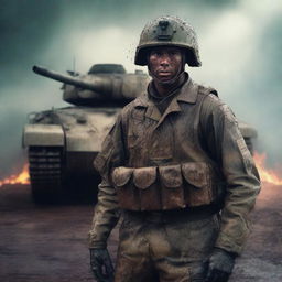 Generate a hyperrealistic, 4K HD image of a soldier standing defiantly in front of a tank, his uniform smeared with mud and dirt, against a backdrop of fire and rain, capturing the intense realities of war