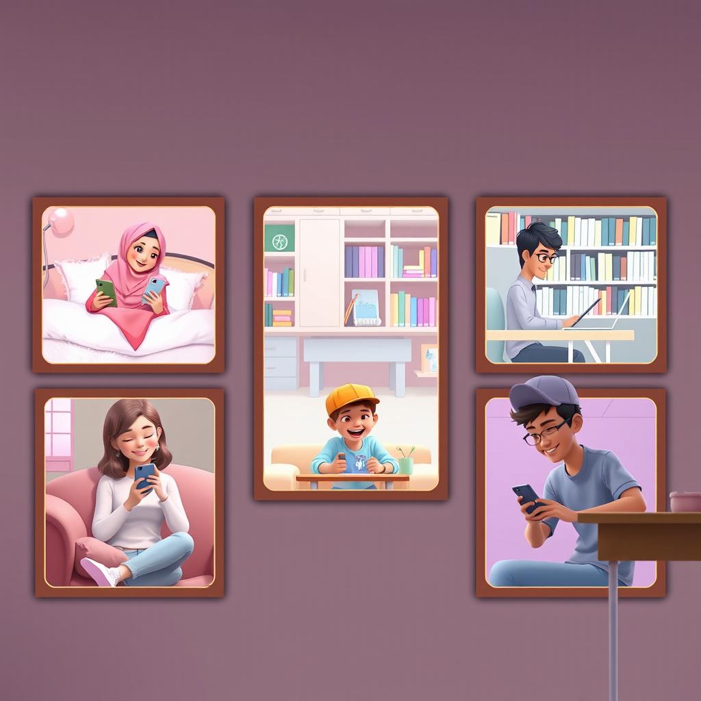 A delightful Pixar-style scene featuring five students, each situated in their respective locations and joyfully texting on their phones