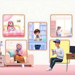 A delightful Pixar-style scene featuring five students, each situated in their respective locations and joyfully texting on their phones