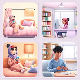 A delightful Pixar-style scene featuring five students, each situated in their respective locations and joyfully texting on their phones