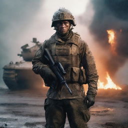 Generate a hyperrealistic, 4K HD image of a soldier standing defiantly in front of a tank, his uniform smeared with mud and dirt, against a backdrop of fire and rain, capturing the intense realities of war