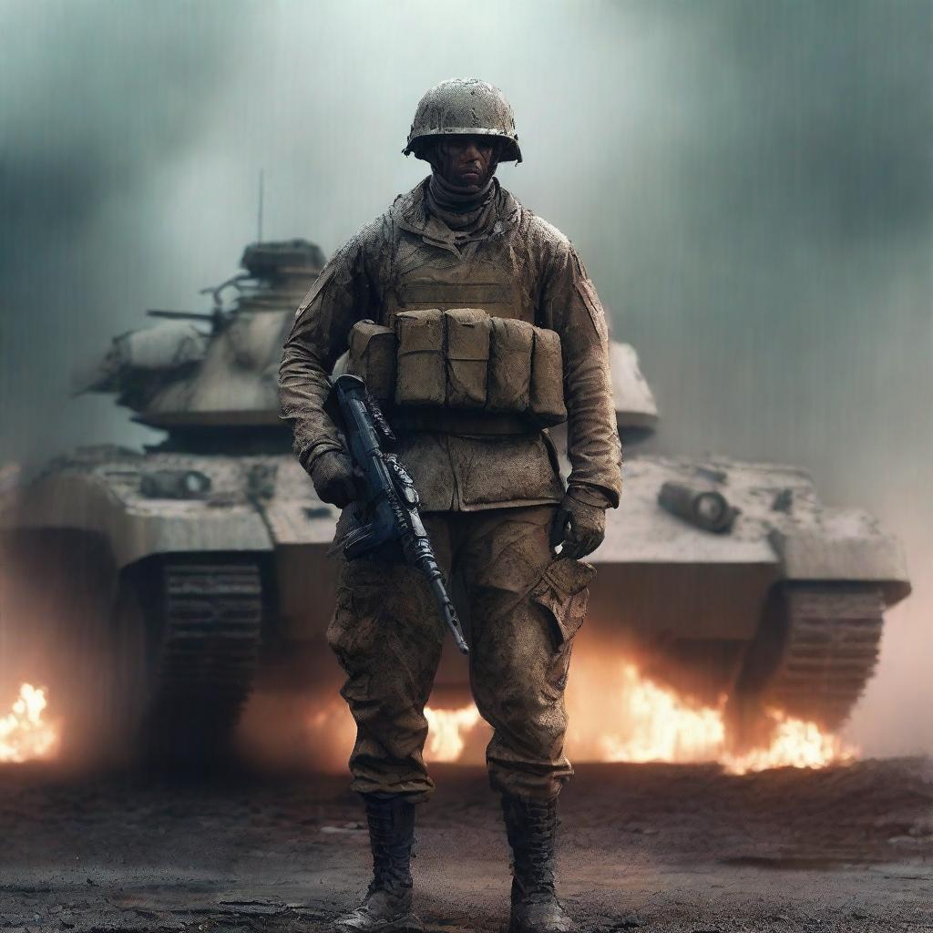 Generate a hyperrealistic, 4K HD image of a soldier standing defiantly in front of a tank, his uniform smeared with mud and dirt, against a backdrop of fire and rain, capturing the intense realities of war