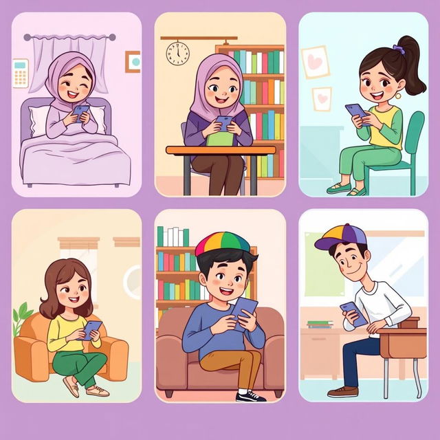 A lively cartoon scene featuring five university students, each situated in distinctive locations and happily texting on their phones, all presented with a charming pastel color theme