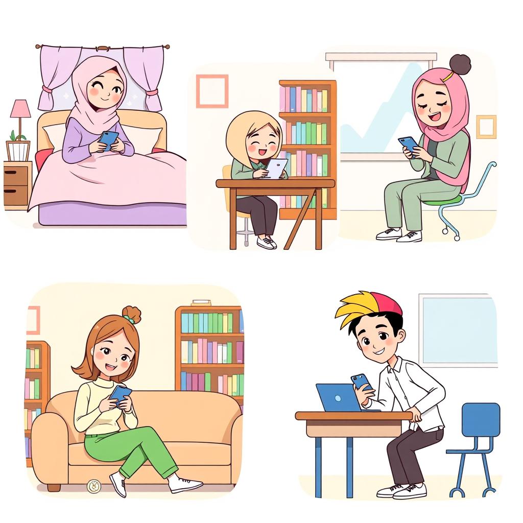 A lively cartoon scene featuring five university students, each situated in distinctive locations and happily texting on their phones, all presented with a charming pastel color theme
