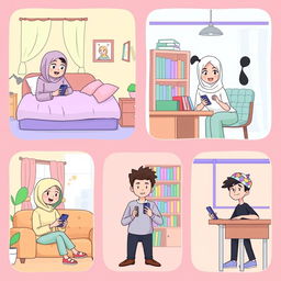 A lively cartoon scene featuring five university students, each situated in distinctive locations and happily texting on their phones, all presented with a charming pastel color theme