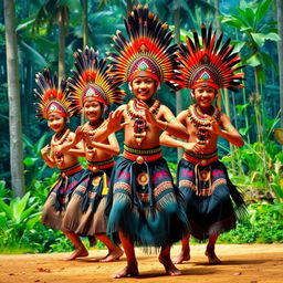 A vibrant and colorful depiction of a Tarian Suku Dayak dance, featuring dancers in traditional Dayak attire