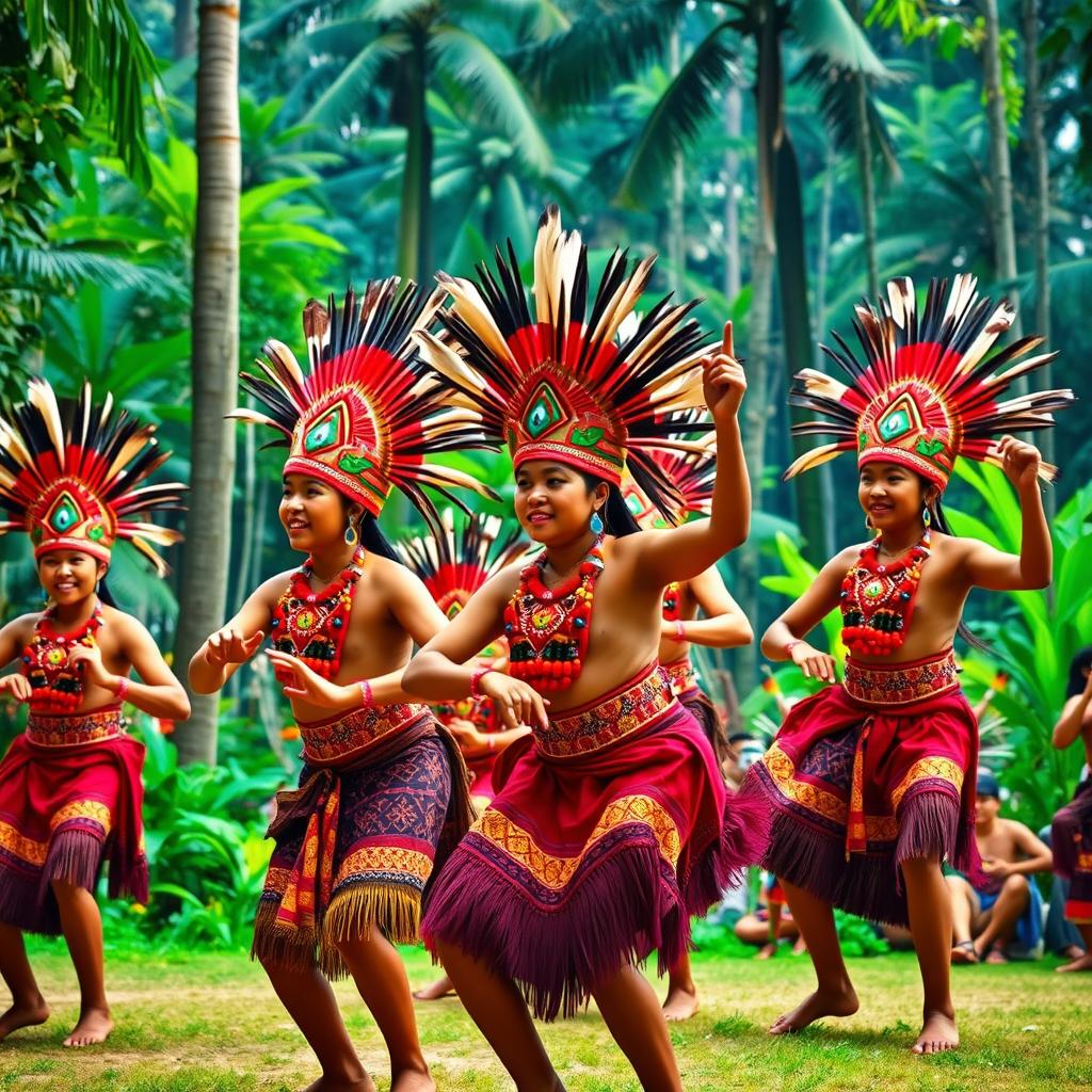 A vibrant and colorful depiction of a Tarian Suku Dayak dance, featuring dancers in traditional Dayak attire