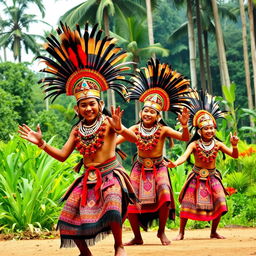 A vibrant and colorful depiction of a Tarian Suku Dayak dance, featuring dancers in traditional Dayak attire