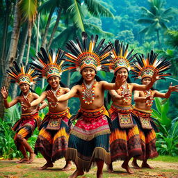 A vibrant and colorful depiction of a Tarian Suku Dayak dance, featuring dancers in traditional Dayak attire