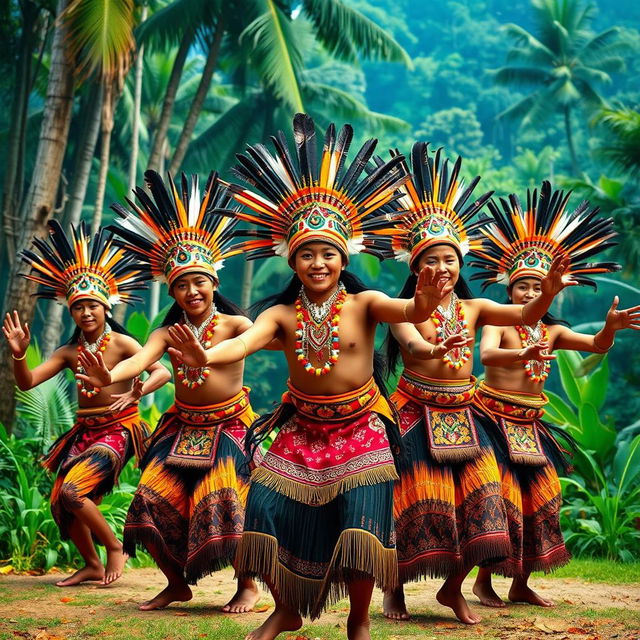 A vibrant and colorful depiction of a Tarian Suku Dayak dance, featuring dancers in traditional Dayak attire