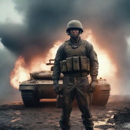 Generate a hyperrealistic, 4K HD image of a soldier standing defiantly in front of a tank, his uniform smeared with mud and dirt, against a backdrop of fire and rain, capturing the intense realities of war