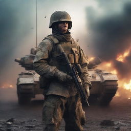 Generate a hyperrealistic, 4K HD image of a soldier standing defiantly in front of a tank, his uniform smeared with mud and dirt, against a backdrop of fire and rain, capturing the intense realities of war