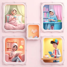A charming 3D-style scene showcasing five university students, each in their own unique locations, all engaged in texting on their phones