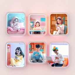 A charming 3D-style scene showcasing five university students, each in their own unique locations, all engaged in texting on their phones
