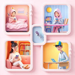 A charming 3D-style scene showcasing five university students, each in their own unique locations, all engaged in texting on their phones