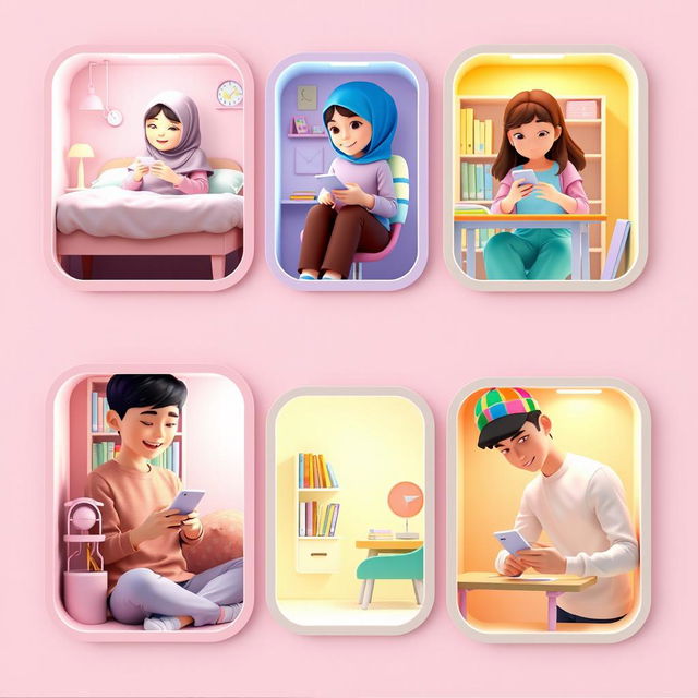 A charming 3D-style scene showcasing five university students, each in their own unique locations, all engaged in texting on their phones