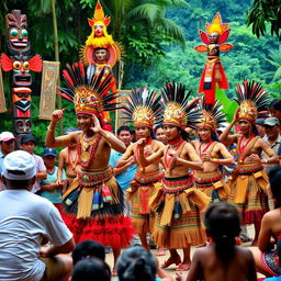 A vibrant and colorful depiction of a Dayak tribal ceremony in Borneo, showcasing traditional Tarian Suku Dayak dancing