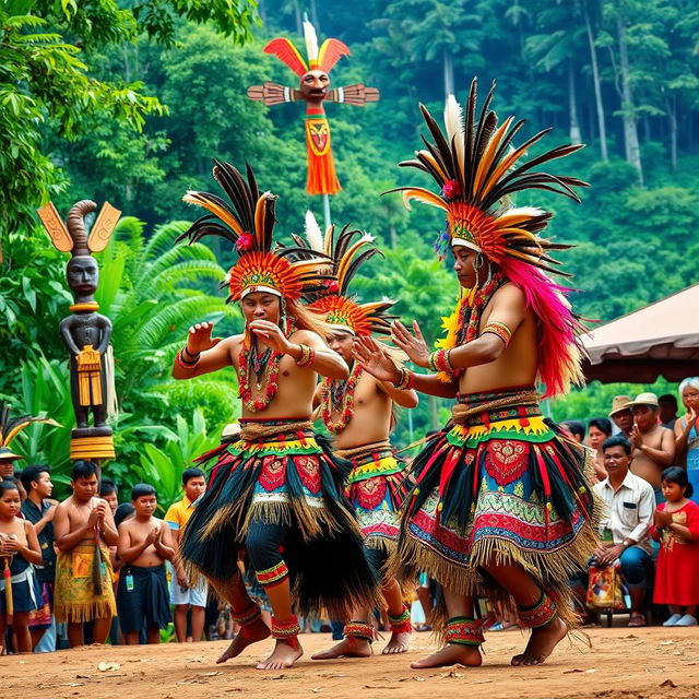 A vibrant and colorful depiction of a Dayak tribal ceremony in Borneo, showcasing traditional Tarian Suku Dayak dancing