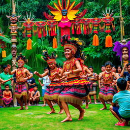 A vibrant and colorful depiction of a Dayak tribal ceremony in Borneo, showcasing traditional Tarian Suku Dayak dancing