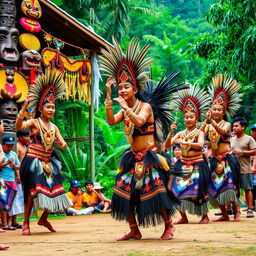 A vibrant and colorful depiction of a Dayak tribal ceremony in Borneo, showcasing traditional Tarian Suku Dayak dancing