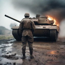 Generate a hyperrealistic, 4K HD image of a soldier standing defiantly in front of a tank, his uniform smeared with mud and dirt, against a backdrop of fire and rain, capturing the intense realities of war